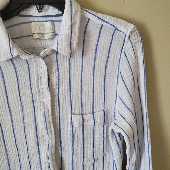 J. Crew Pinstripe White Blue Button Down Cotton Gauze Size 12 - Picture 5 of 9